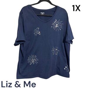 ❤️SUMMER PATRIOTIC/STARS FIREWORKS  CASUAL NAVY TOP  1X